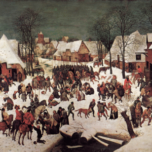 Extrait du tableau "Le Massacre des Innocents" de Pieter Bruegel l'Ancien (1565), utilisé pour illustrer le séminaire Changements climatiques et conflits religieux de l'Iméra.