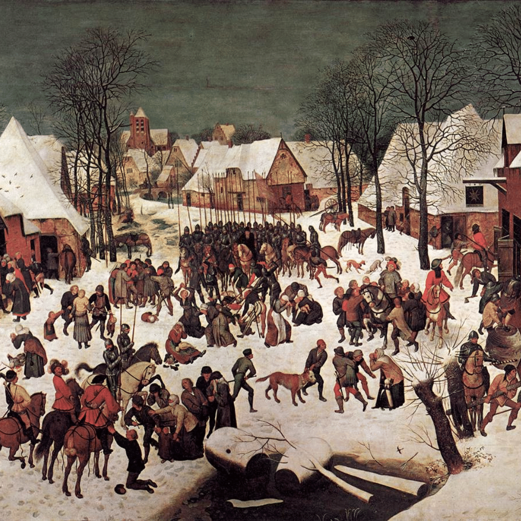 Extrait du tableau "Le Massacre des Innocents" de Pieter Bruegel l'Ancien (1565), utilisé pour illustrer le séminaire Changements climatiques et conflits religieux de l'Iméra.